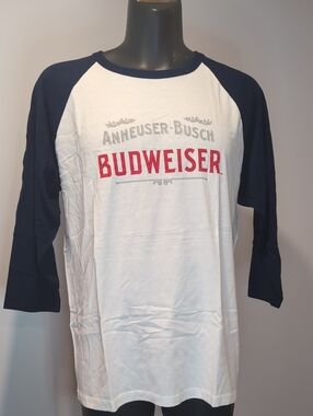 Budweiser White Baseball Tee with Navy Raglan Sleeves Large